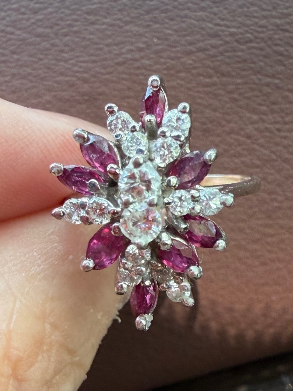 VINTAGE 14K WHITE GOLD RUBIES DIAMONDS CLUSTER SPRAY COCKTAIL RING STATEMENT